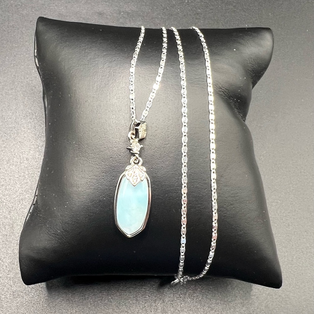 925 Sterling Silver Natural Larimar Drop Pendant Necklace Size 18”